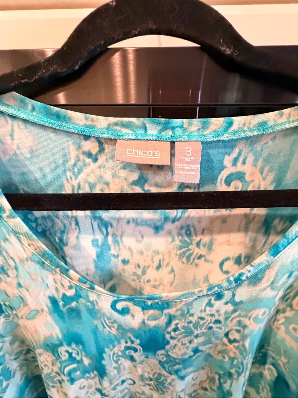 Chico's Turquoise and White Patterned Scoop Neck Long Sleeve Top - Picture 4 of 4